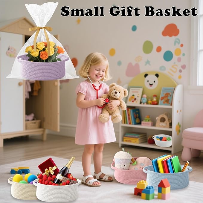 Small Woven Rope Basket-Empty Gifts Basket with Bag and Ribbons,Cute Handle Organizer Box for Birthday/Baby Shower, Toy Storage, Nursery Organizing & Shelf Decor(Purple)