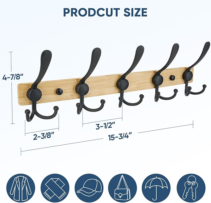 TICONN Wall Mounted Coat Rack, Five Heavy Duty Tri Hooks All Metal Construction for Jacket Coat Hat in Mudroom Entryway (Wood Black, 1-Pack)
