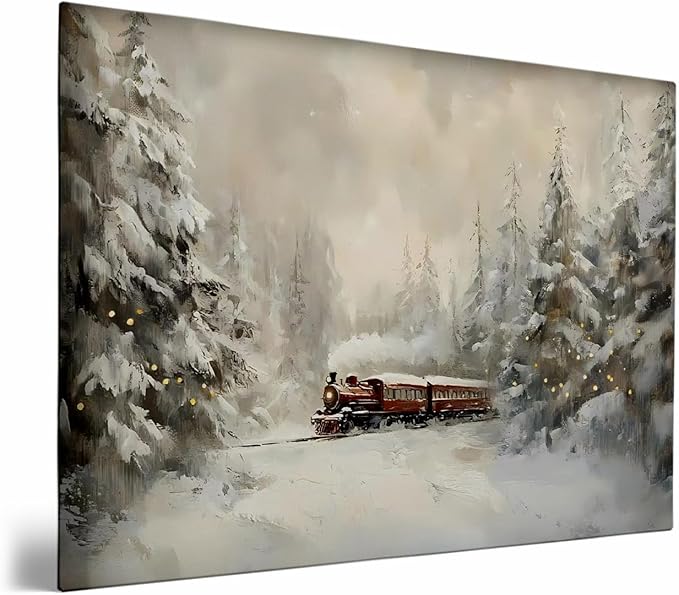 Christmas Train Oil Painting Wall Art - Rustic Winter Farmhouse Scene Poster Print for Bedroom Office Decor - 12x16 Inch Framed