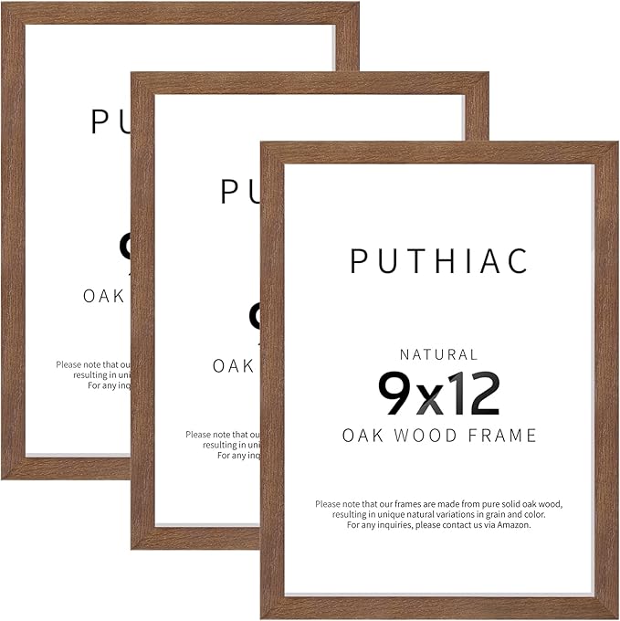 9x12 Oak Wood Picture Frams - Minimalist 9x12 Oak Wood Frames, 9"x12" Picture Frame Wood, Natural Solid Wooden Picture Frames for Wall Art Photo and Prints(3 Pack, Walnut)