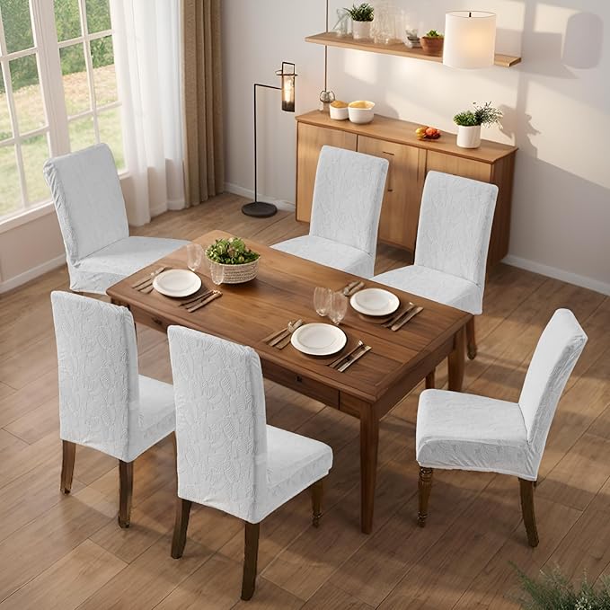 Genina 100% Waterproof Dining Room Chair Covers Set of 4 Stretch Kitchen Chair Covers Parsons Chair Slipcovers for Dining Room Chair Protector Cover, Removable, Washable (Leaf Pattern-Cream)