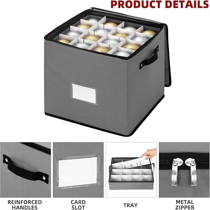 inin Christmas Ornament Storage Box with Adjustable Dividers,Christmas Ornaments Organizer with Zippered Top,Storage Container Bin for Holiday Decorations(64 Ball, Gray, with Tray)