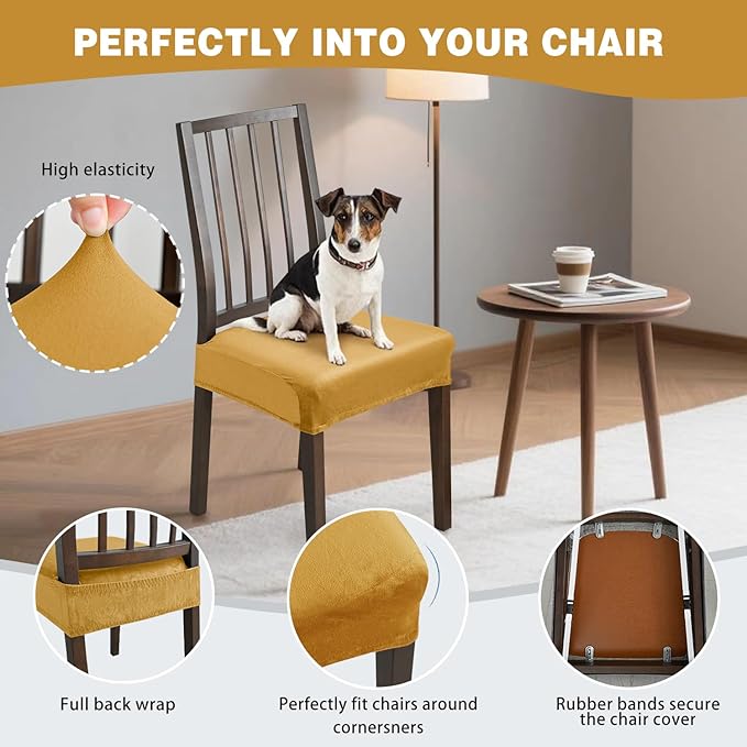 Dining Chair Seat Covers Set of 6, Stretch Velvet Chair Seat Slipcovers Protector, Removable Washable Kitchen Chair Covers for Dining Room Chairs (Set of 6, Mustard)