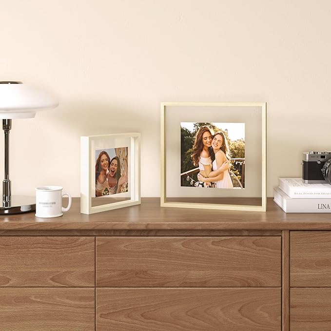 Egofine 8x8 Floating Frames Set of 2, Double Plexiglass Picture Frame, Made of Solid Wood Display Any Size Photo up to 8x8, Wall Mount or Tabletop Standing, Beige