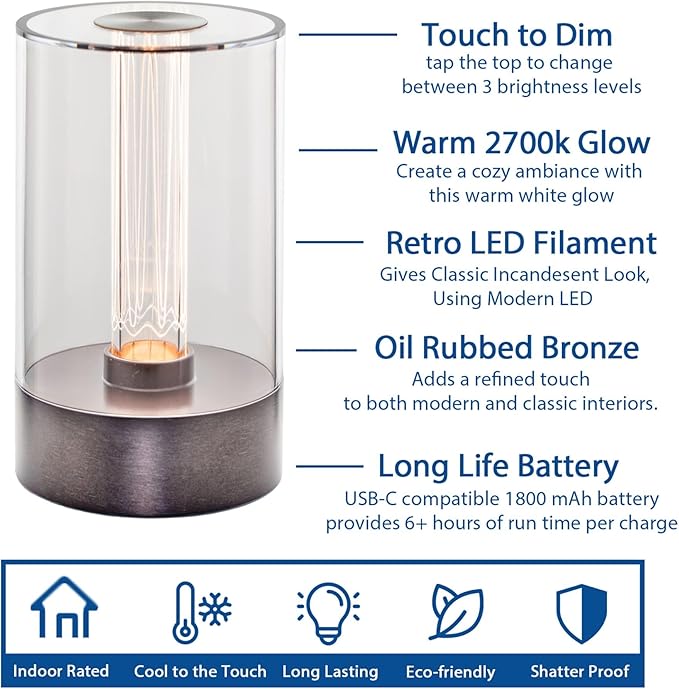 Cordless Table Lamp – Rechargeable Touch Control Bedside Lamp, Dimmable Warm White LED Light with USB-C Charging, 1800mAh Battery, Oil Rubbed Bronze Design, Etched Filament-Style Glow