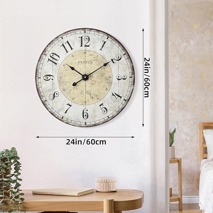MODE HOME 24 Inch Large Wall Clock, Rustic Round Farmhouse Wall Clocks for Living Room Decor, Silent Non-Ticking Battery Operated Clock with Large Numerals, Vintage Oversized Decorative Wall Clock