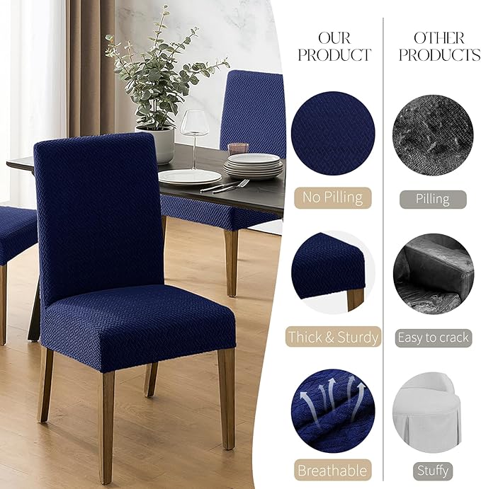 MOSAYT 100% Waterproof Dining Room Chair Covers Set of 6, Super Fit Stretch Jacquard Parson Chairs Slipcovers Removable Washable Chair Seat Protectors for Home, Kitchen, Banquet (Navy Blue)
