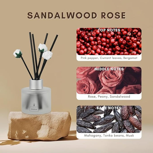 Brakula Reed Diffuser Set,Sandalwood Rose， Reed diffusers for Home， Home Fragrance Diffuser with 7 Reed Sticks for Room/Bathroom Decor 3.38 fl oz (100 ml) (Sandalwood Rose)
