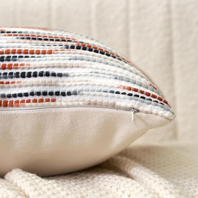 Aeckself Boho Striped Pillow Cover 24x24, Large Decorative Square Throw Pillow Cover Chenille Neutral Pillowcase for Couch Bedroom Living Room, Orange Gray