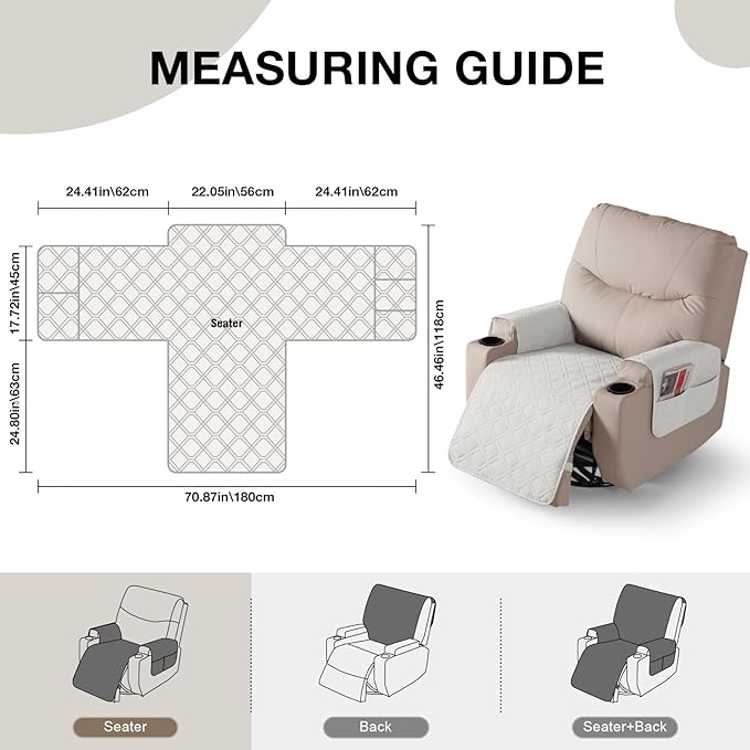 VANSOFY Recliner Chair Covers 100% Waterproof Seat Cover with Arm Reclining Cover Non-Slip Recliner Chair Covers Furniture Protector Washable Slipcover with Pocket for Pets, Dogs(Off White, 22")