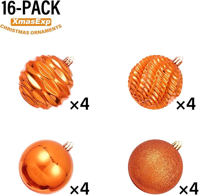 XmasExp 16ct Christmas Ball Ornaments Set Yellow Shatterproof Xmas Tree Hanging Decorations for Fall Thanksgiving Holiday Decor (Orange, 3.15“)