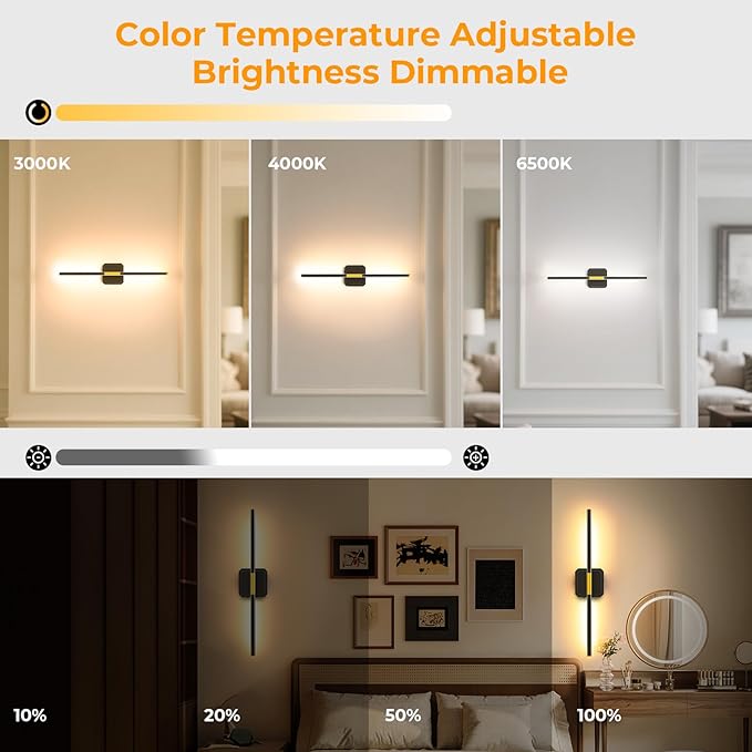 Battery Operated Wall Sconce Detachable 360°Rotate, Wireless Wall Lamp 3000-6500K Dimmable, 10000mAh Rechargeable Wall Light for Bedroom, Living Room，28" Black Gold（4 Pack