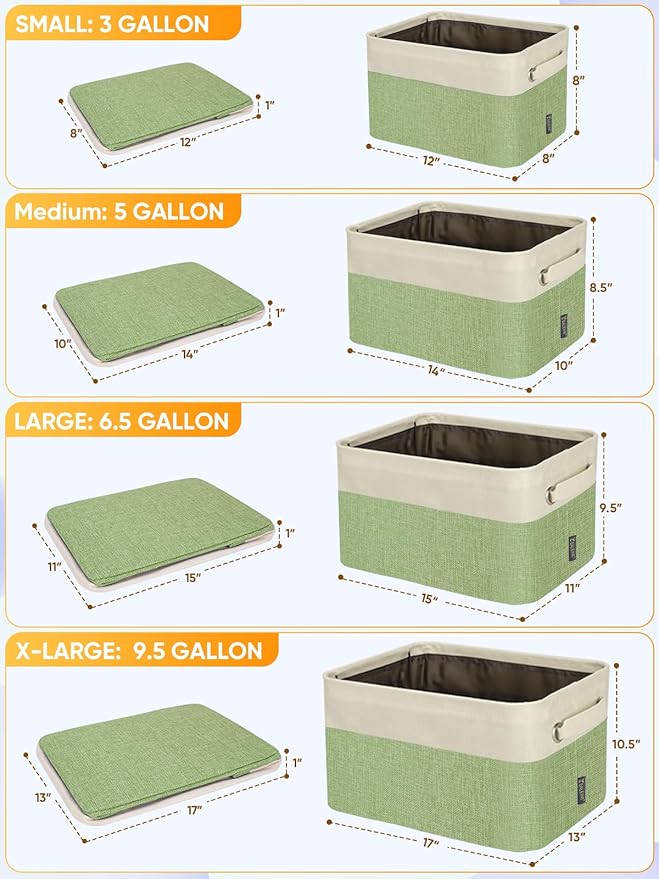 BALEINE 2 Pack Fabric Storage Bins for Shelves, Linen Storage Baskets for Organizing, Decorative Closet Bins for Clothes, Home (Green, 12"x8"x8")