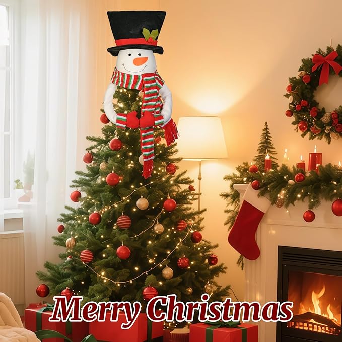 Christmas Tree Topper Snowman Top Hugger for Xmas Tree Holiday Decor Winter Wonderland Decoration New Year Ornament with Hat Shawl and Poseable Arms
