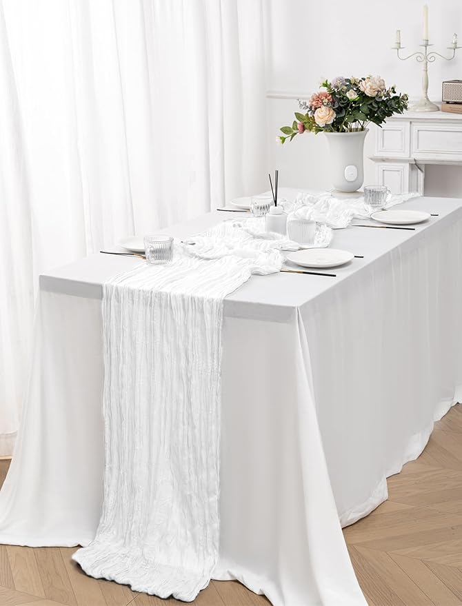 10 Pack White Cheesecloth Table Runner,10FT/120 Inch Boho Gauze Fabric Table Runner,Rustic Sheer White Cheese Cloth Runner Bulk for Wedding,Bridal Baby Shower,Christmas Party,Holiday Home Table Decor