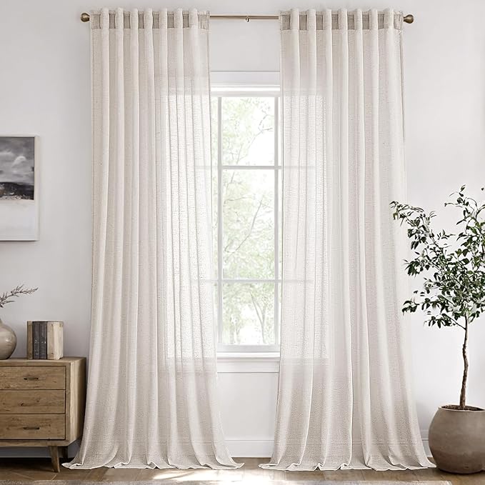 ANRODUO Cream Back Tab Linen Curtains 102 Inch Length 2 Panels for Living Room Extra Long Light Filtering Semi Sheer Curtain Drapes for Bedroom Neutral Farmhouse Decor Natural Ivory Colored