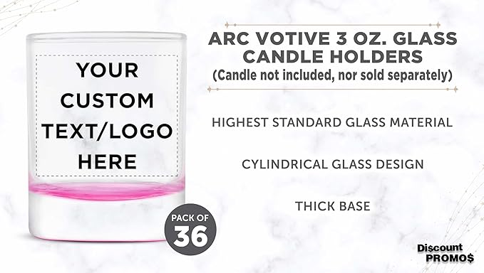 DISCOUNT PROMOS Custom Arc Votive Candle Holders 3 oz. Set of 36, Personalized Bulk Pack - Thick Base, Perfect for Wedding, Anniversary and Party Favors - Pink Bottom
