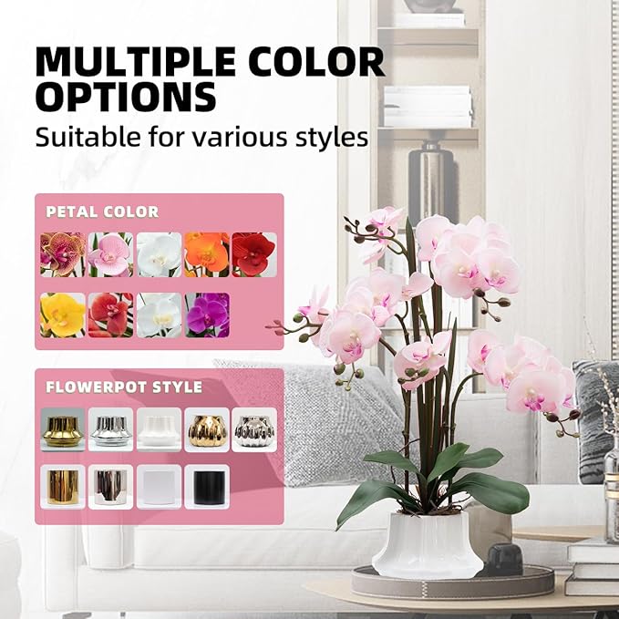 CXGS Artificial Orchid Flower Plant 20.9'' Real Touch Faux Orchids in Ceramic Vase Pink Fake Phalaenopsis Flower Arrangement Silk Orchids with Stems for Centerpiece Table Home Indoor Decor