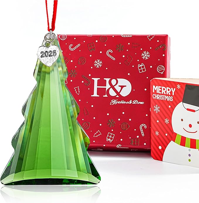 H&D HYALINE & DORA 2025 Crystal Christmas Tree Hanging Ornament, Green Crystal Christmas Tree Ornament Glass Prism Suncatcher Ornaments for Xmas Home Window Decor