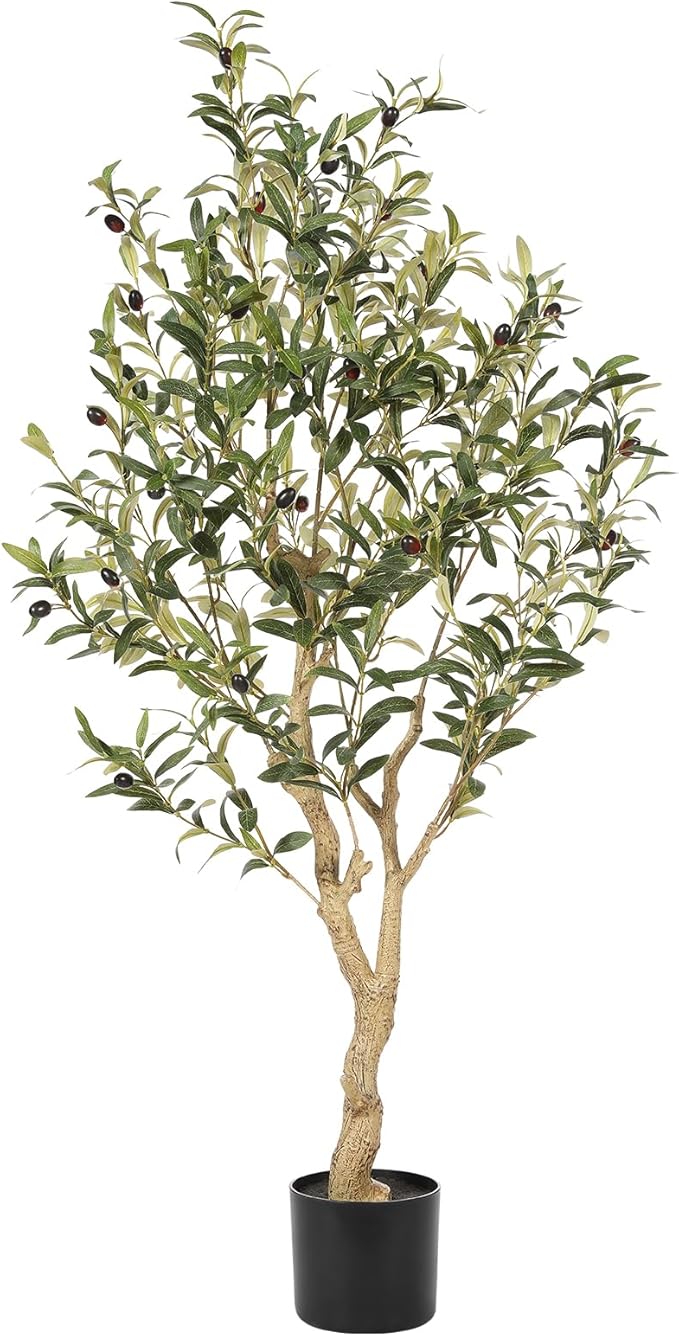 Realead Faux Olive Tree 4ft - Realistic Indoor Olive Tree Plants - Fake Olive Tree with Thick Trunk and Lifelike Fruits - Artificial Olive Trees for Modern Home Office Decor Indoor