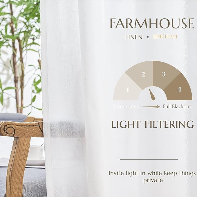 jinchan White Semi Sheer Curtains 96 Inch 2 Panel Light Filtering Linen Blend Drapes for Farmhouse/Coastal Style with Rod Pocket/Back Tab, Breathable Living Room Bedroom Panels (50" W x 96" L)