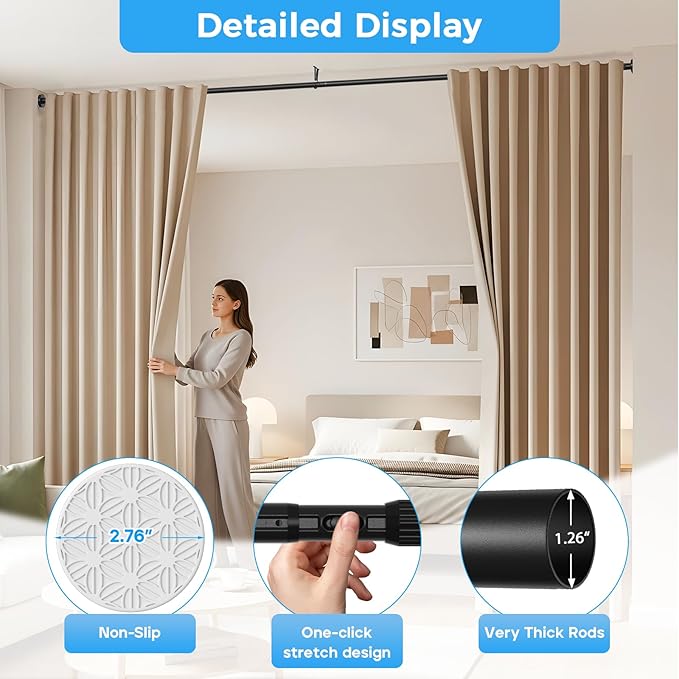 AIZESI 41-144 Inch Heavy Duty Black Tension Curtain Rod - No Drilling, Adjustable, Rust-Resistant for Outdoor, Living Room, Window, Bathroom