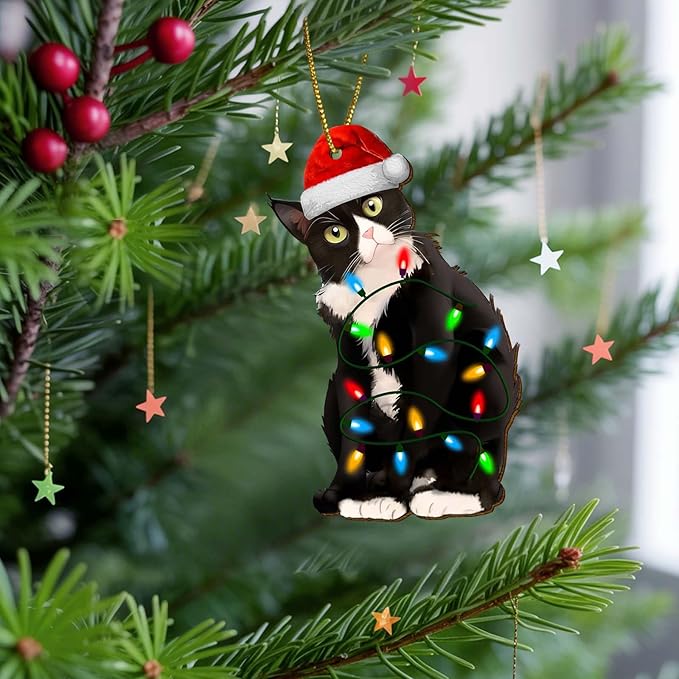 Tuxedo Cat Christmas Ornament, Funny Black and White Cat Holiday Tree Decoration for Pet Lovers, Wooden Keepsake Gift for Animal Owners