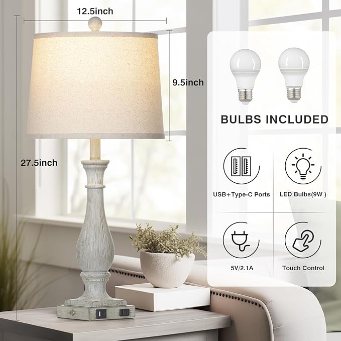 27.5" Farmhouse Table Lamps Set of 2 with USB C+A Ports & AC Outlet for Vintage Living Room Retro Bedroom, 3-Way Dimmable Touch Lamps Resin Bedside Lamps for Nightstand Side End Table, Grey