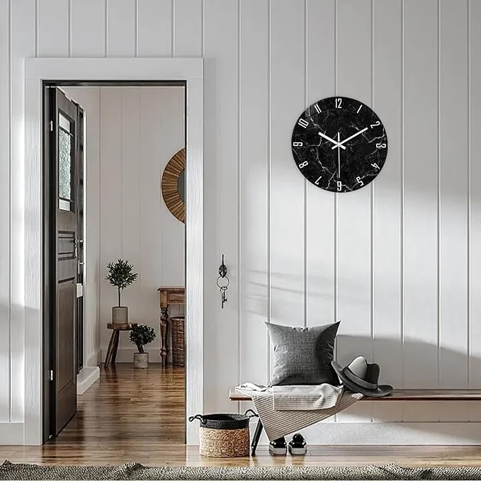 Black Minimalist Wall Clocks for Living Room Glass Marble Pattern Wall Clocks Battery Operated 12 Inch Abstract Wall Clock Non Ticking