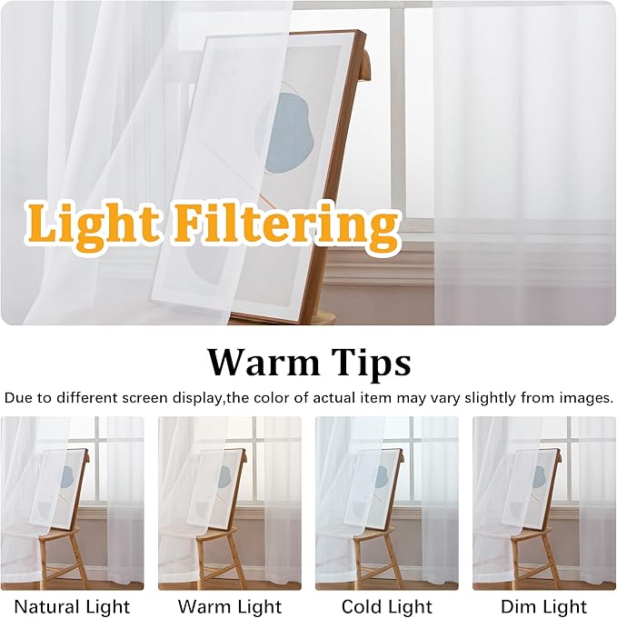 Gwine White Sheer Curtains 108 Inches Long for Living Room 2 Panels Set, Light Filtering Extra Long White Sheer Curtains, Lightweight Filmy Voile Rod Pocket Window Drapes, 59W x 108L, 2 PCS, 9ft