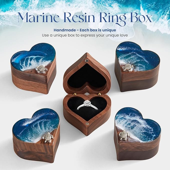 Ocean Resin Heart Engagement Ring Box, Personalized Walnut Wooden Ring Box, Birthday Gifts for Women, Ring Display box for Proposal, Wedding, Anniversary, Valentine's Day, Christmas Gifts
