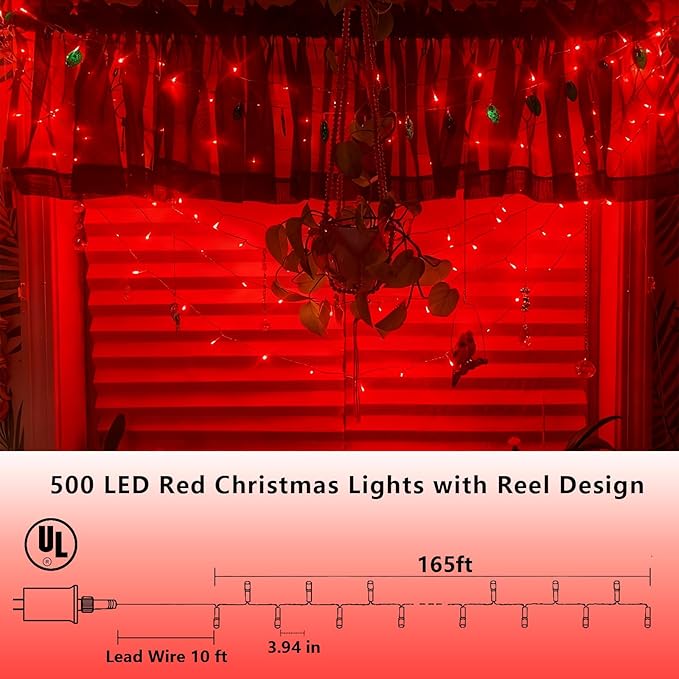 YEGUO 165ft 500 LED Christmas Lights Outdoor Waterproof, Red String Lights Indoor Plug in, 8 Modes Clear Wire Twinkle Lights or Christmas Tree