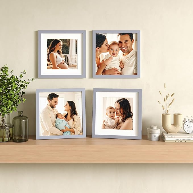 Egofine 11x11 Picture Frames 4 Pack, Display Pictures 4x4 or 8x8 with Mat or 11x11 Without Mat Made of Solid Wood Covered by Plexiglass for Table Top Display and Wall Mounting Photo Frame, Light Gray
