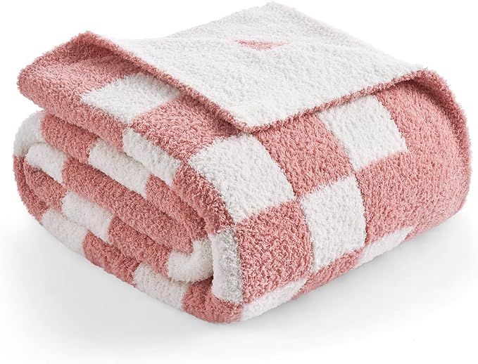 Snuggle Sac Checkered Throw Blanket for Couch, Super Soft, Cozy Warm Knit Blankets, Reversible Plaid Fluffy Throws for Sofa Bed Checkered Pink, 50x60 Inches