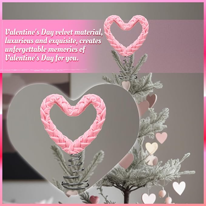 7 in Pink Velvet Valentine Tree Topper Heart Velvet Woven Treetop Valentines Love Wreath Decor Pink Heart for Mini Valentines Tree Party Wedding Holiday Ornament Wall Front Door Home Decor