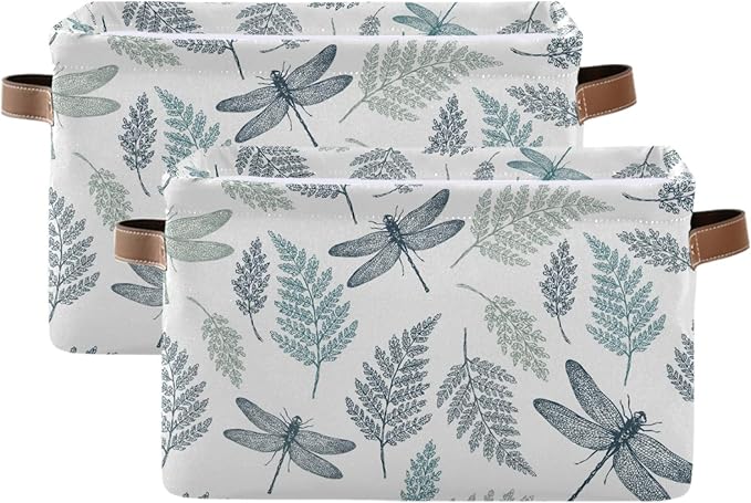 susiyo Large Foldable Storage Bin Fern Botanical Dragonfly Fabric Storage Baskets Collapsible Decorative Baskets Organizing Basket Bin with PU Handles for Shelves Home Closet Bedroom Living Room-2Pack
