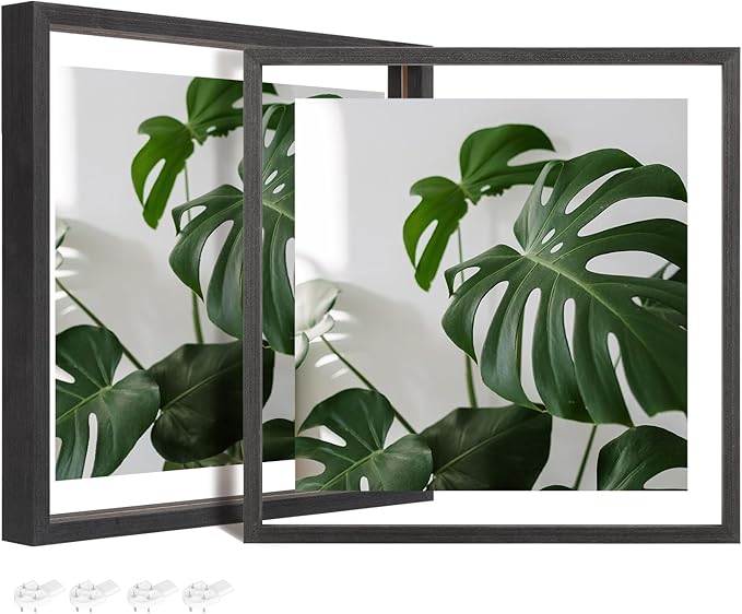 Egofine 12x12 Floating Frames Set of 2, Double Plexiglass Picture Frame, Made of Solid Wood Display Any Size Photo up to 12x12, Wall Mount or Tabletop Standing, Faded Black