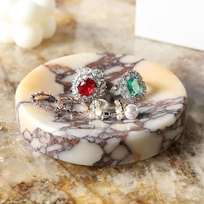 Koville Luxury Italy Calacatta Viola Marble Jewelry Dish, Small Round Trinket Dish for Ring Necklace Earring, 4" Decorative Tray, Aesthetic Home Table Marble Decor