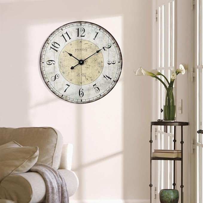 MODE HOME 24 Inch Large Wall Clock, Rustic Round Farmhouse Wall Clocks for Living Room Decor, Silent Non-Ticking Battery Operated Clock with Large Numerals, Vintage Oversized Decorative Wall Clock
