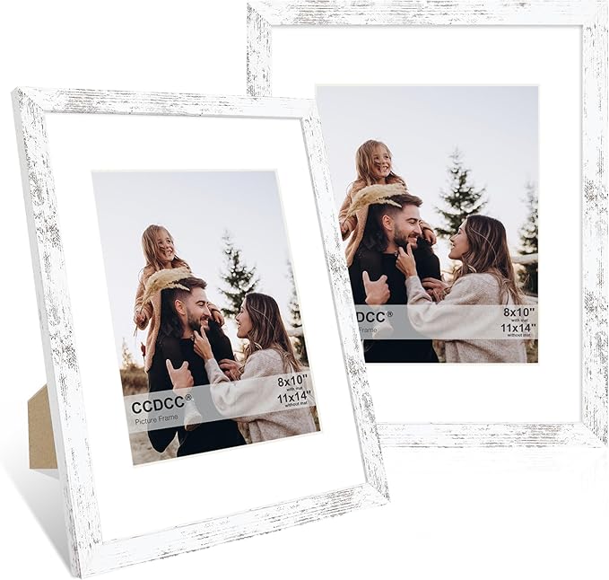 11x14 Picture Frame Set of 2, 11 x 14 Wood Photo Frames with Mat for 8x10, Rustic Natural Wooden Frame with Real Glass Cover for Wall and Tabletop Display,Distressed White