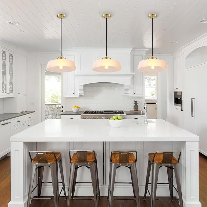 GLOBE Electric 67000098 1-Light Pendant Light Fixture, Brass Finish, Frosted Glass Shade, Black Braided Fabric Cord, Living Room Pendant Light, Kitchen Island Lighting, Hanging Lights for Bedroom