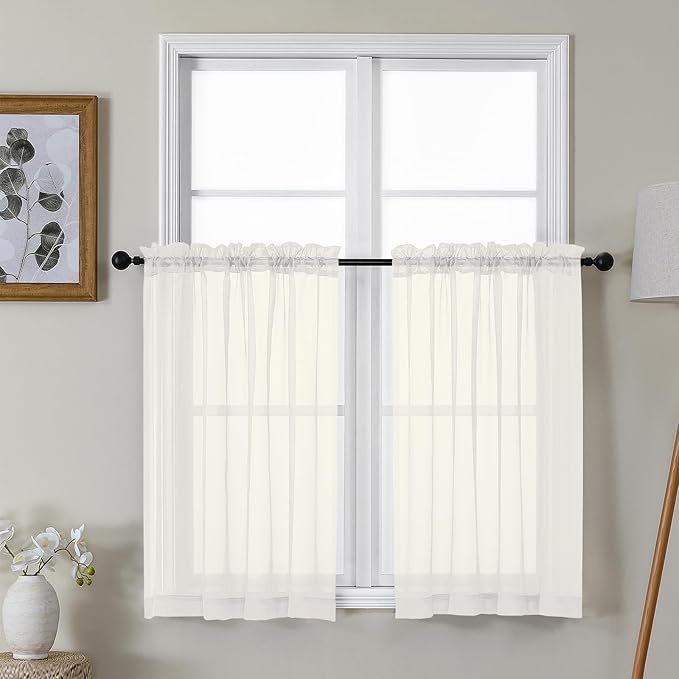 Gwine Ivory Sheer Kitchen Curtains 36 Inch Length, Light Filtering Voile Soft Airy Small Cafe Curtains, Short Window Curtain for Bathroom Basement, 42x36 inch, 2PCS