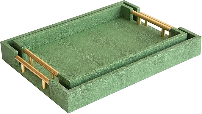 Decorative Tray Set of 2, Green Shagreen Leather Tray, Modern Elegant Rectangle Serving Trays with Gold Polished Metal Handles, Ottoman Trays Coffee Table Perfume Kitchen Home Decor