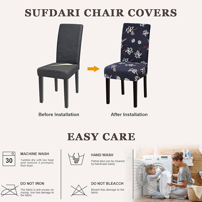 Sufdari Dining Chair Covers,Kitchen Chair Cover,Parsons Chair Slipcover,Spandex Chair Protectors for Dining Room Stretch Chairs Cover Set of 4 -Daisy Floral