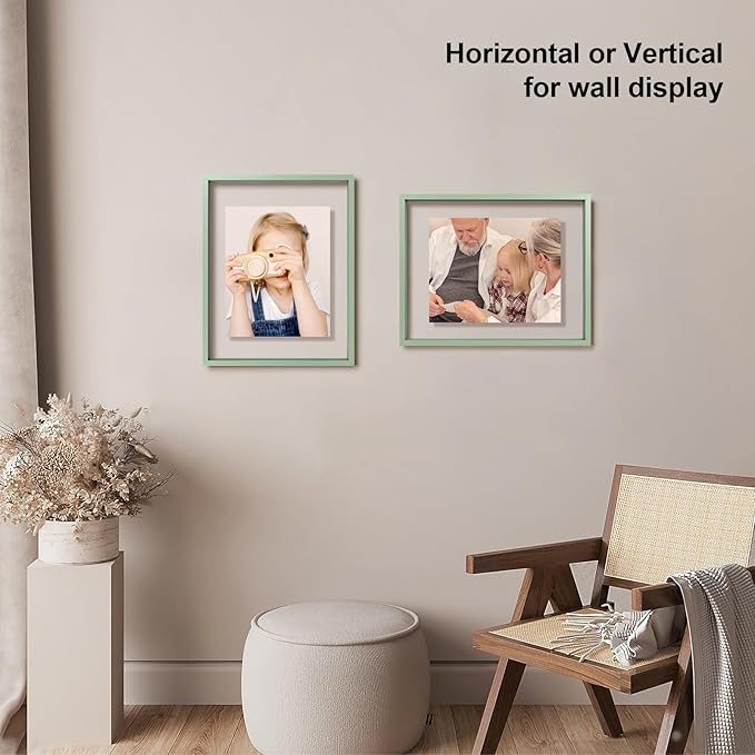 Egofine 11x14 Floating Frames Set of 2, Double Plexiglass Picture Frame, Made of Solid Wood Display Any Size Photo up to 11x14, Wall Mount or Tabletop Standing, Green