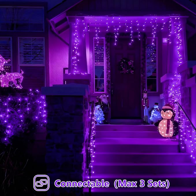 YEGUO 33ft 400 LED Purple Icicle Christmas Lights Outdoor Waterproof, 80 Drops Icicle Light Connectable, 8 Modes Christmas Lights Indoor with Memory Timer