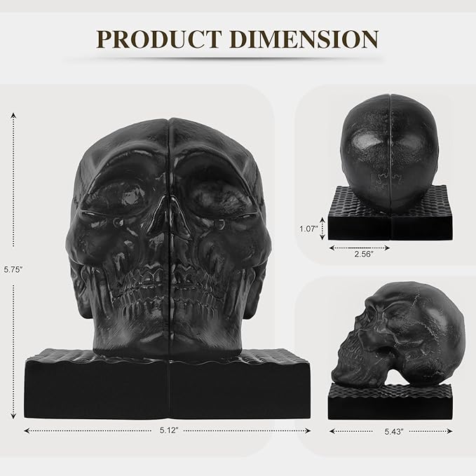 Skull Book Ends, Decorative Bookends for Shelves, Antique Gothic Style Skull Bookend Design Resin Skeleton Human Head Statue Halloween Décor (Black)