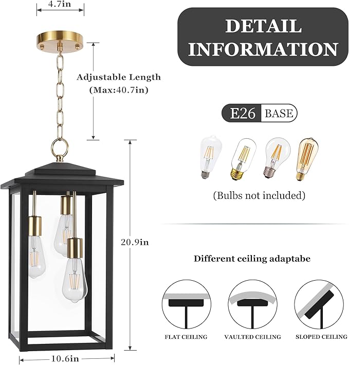 LamQee Large Outdoor Pendant Lights, 3-Lights Black and Gold Outdoor Chandelier Lighting Fixture, Modern Exterior Ceiling Hanging Lantern with Glass, for Porch Front Door Patio Gazebo Entryway Foyer