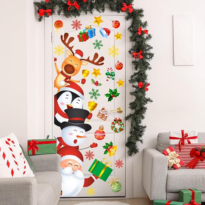44.9x15.7 Inch Large Christmas Door Stickers Decor Removable Santa Snowman Snowflake Door Decal for Living Room Kids Bedroom Decorations Winter Xmas Holiday Party Festival Gift