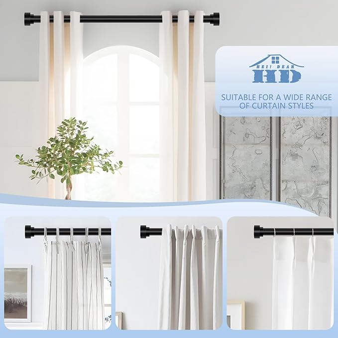 HEI! DEAR 2 Pack Black Curtain Rods for Windows 48 to 84 Inch (4-7ft),1 Inch Diameter Heavy Duty Curtain Rod, Adjustable Modern Decorative Drapery Rods 30"-84",Black